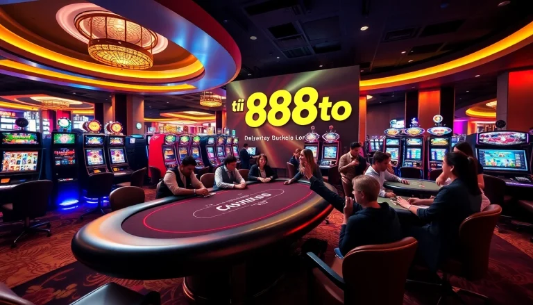 Tải 888to app interface showcased in a luxury casino setting with enthusiastic players.