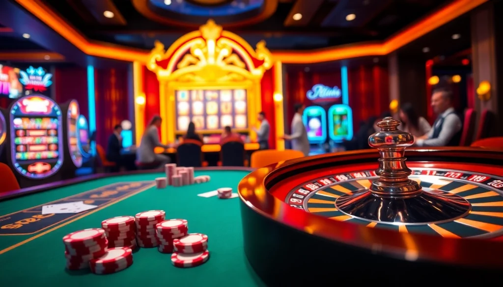 A dynamic gambling experience at trang chủ 58win showcasing poker tables and vibrant slot machines.