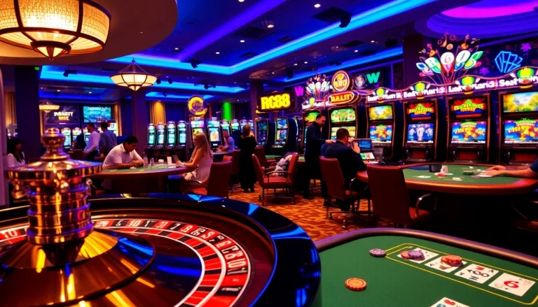 RR88 casino scene with poker tables, roulette wheel, vibrant atmosphere.