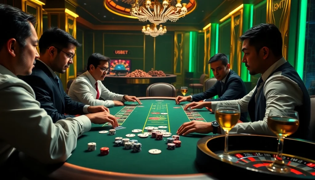 Engaged players in a thrilling poker game at the luxurious USBET casino table, showcasing excitement and professionalism.