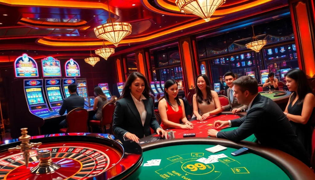 This exciting casino scene showcases players engaged at a poker table, featuring the vibe of https://99win1.us.com/ with vibrant colors and luxurious decor.