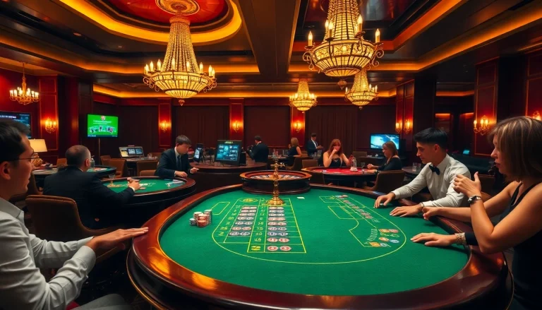 Experience luxury gaming at KJC's casino with poker chips and a roulette wheel.