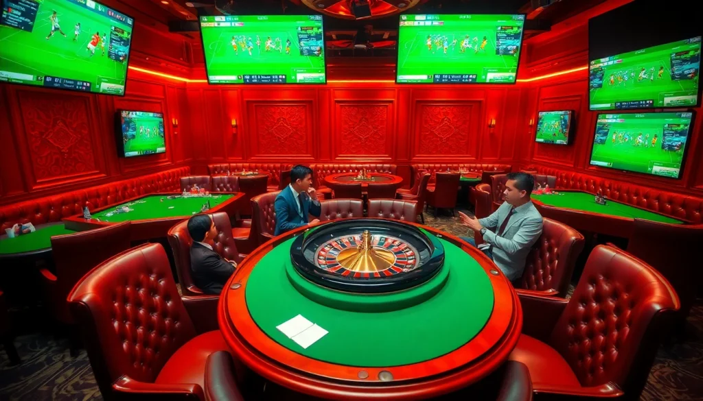 Experience the excitement of sports betting at https://keonhacai5.free with engaging visuals of a luxurious betting lounge.