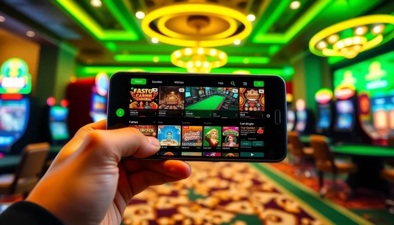 Engaging scene of a user playing RR88 casino games on a smartphone, showcasing vibrant colors and a modern interface.
