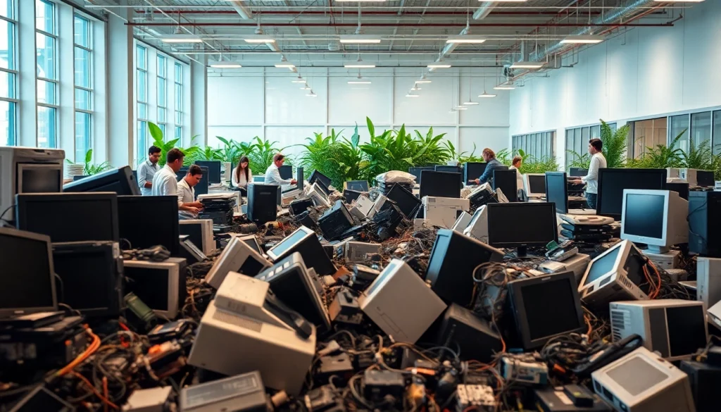 Efficient computer recycling slough process with diverse team sorting electronic waste.