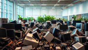 Efficient computer recycling slough process with diverse team sorting electronic waste.