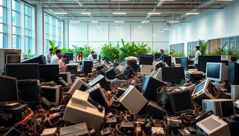 Efficient computer recycling slough process with diverse team sorting electronic waste.
