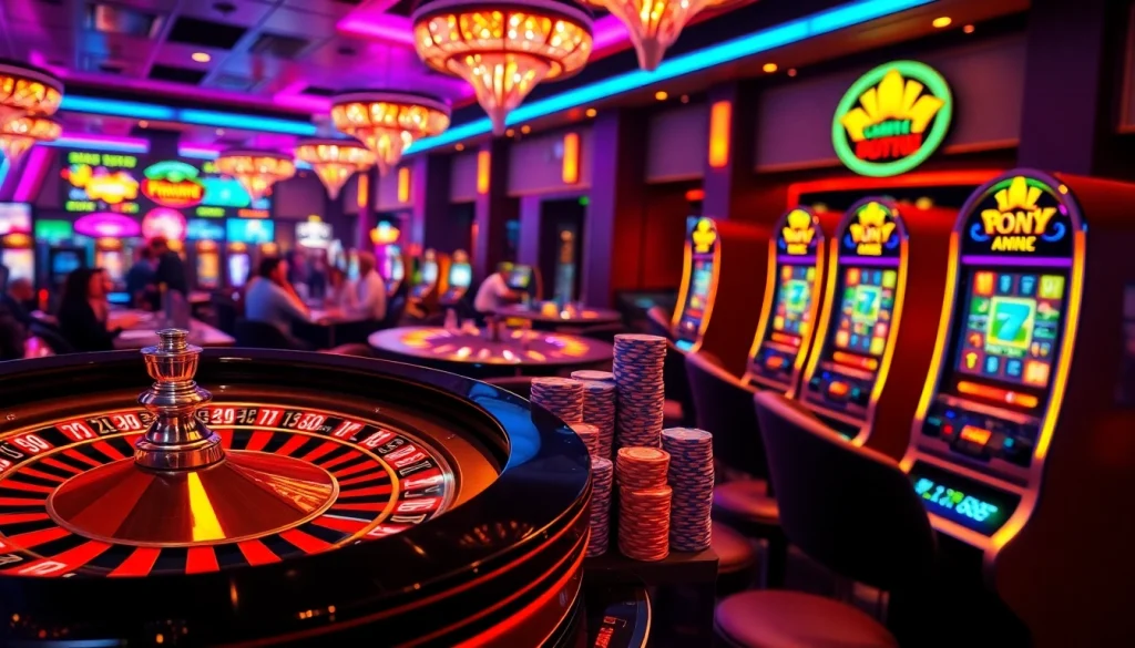 Gambling action at XX88 HOW casino with vibrant slot machines and poker chips.