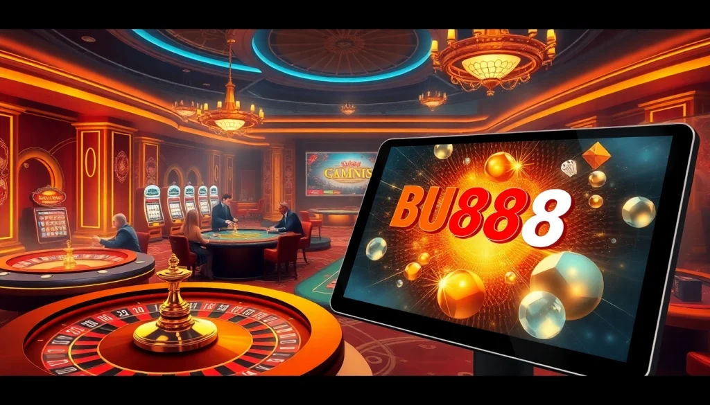 Experience immersive gaming at https://bu88.mex.com/ with a sophisticated casino scene featuring vibrant roulette tables and engaged players.