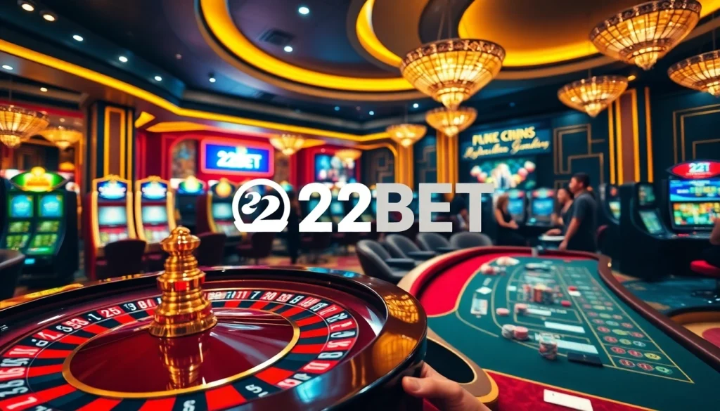 Experience the thrill of 22bet.style with players enjoying a high-stakes atmosphere in a luxurious casino setup.