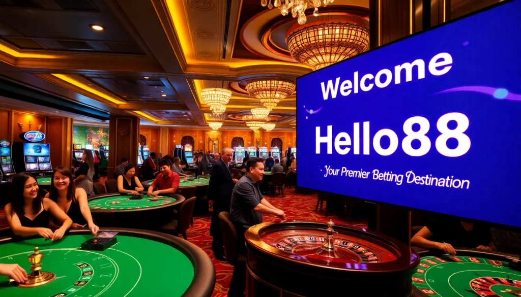 Betting enthusiasts celebrate at Hello88’s casino, featuring poker tables and slot machines.