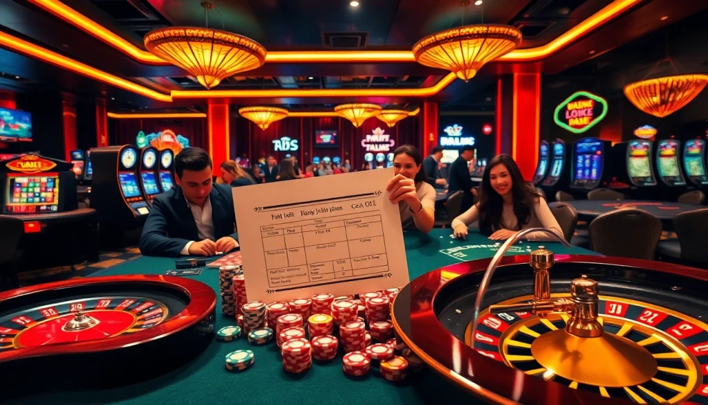 Gamblers engaging with kèo nhà cái, showing intense focus at vibrant casino tables.