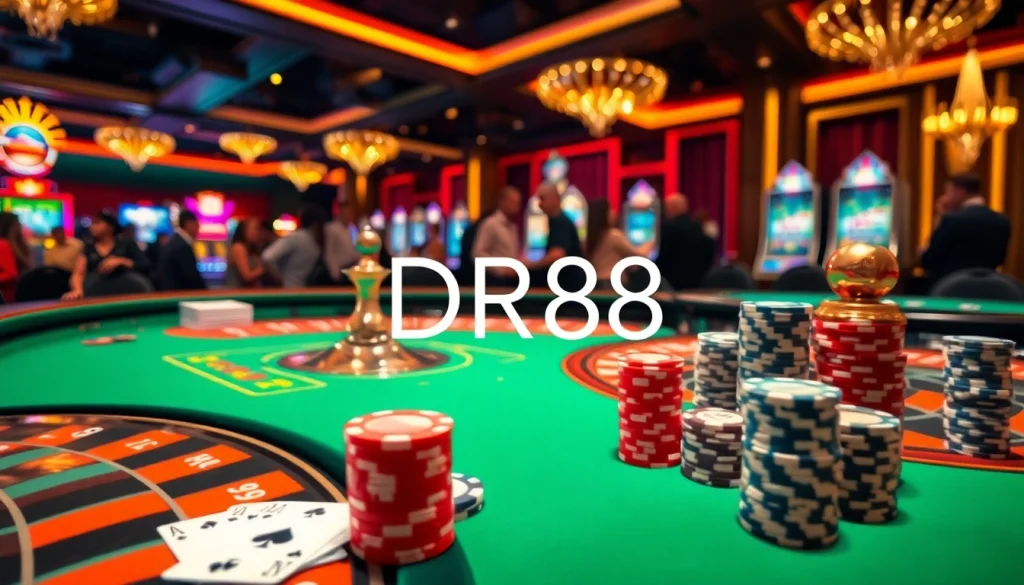Experience the excitement of DR88 Casino with roulette and vibrant poker chips.