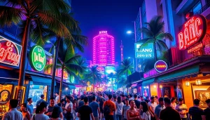 Vibrant nightlife scene of 다낭밤문화 with colorful neon lights and lively crowds.