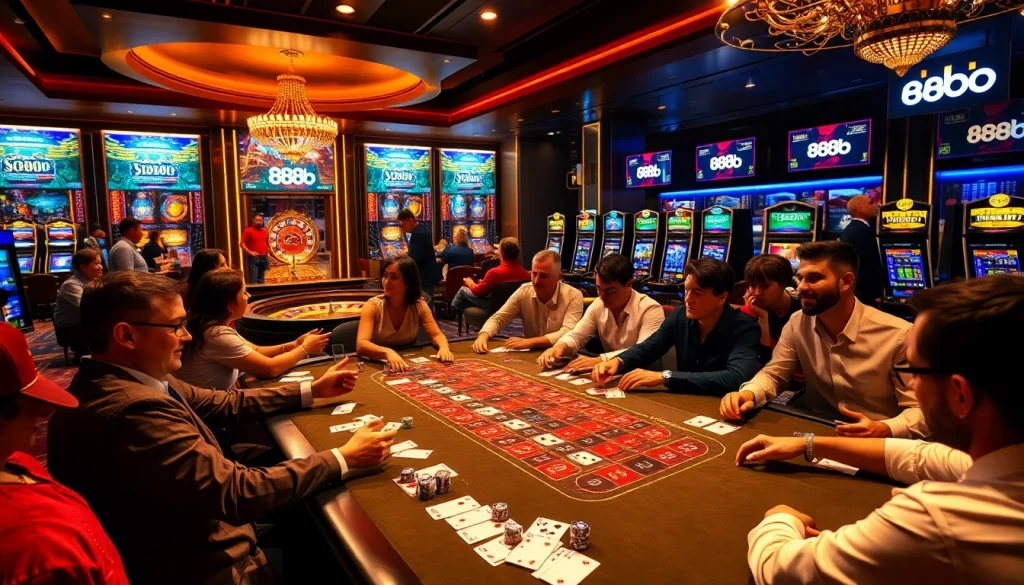 Players enjoying poker at a luxurious casino table with 888b branding featured.
