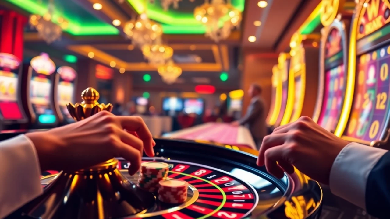 Experience the excitement of Trang Chủ QQ88 at a luxurious casino, with vibrant slot machines and poker chips.