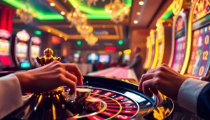 Experience the excitement of Trang Chủ QQ88 at a luxurious casino, with vibrant slot machines and poker chips.