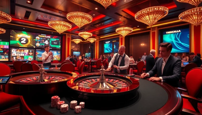 Players enjoying online gambling on a professional platform at https://da88.co.im/, featuring casino tables and exciting gameplay.