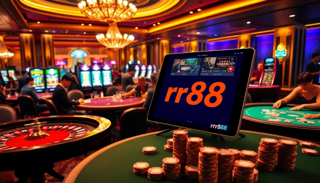 Players enjoying games at a luxurious casino setting with rr88 branding, depicting a vibrant gambling experience.