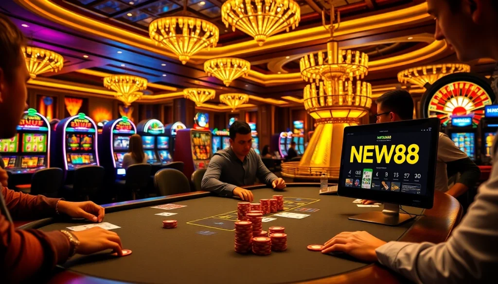 Experience the thrill of online gaming at NEW88 com with players enjoying a vibrant poker game.