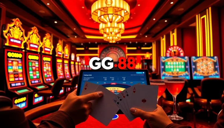 Engaging with GG 88’s online casino experience featuring vibrant slot machines and poker chips.