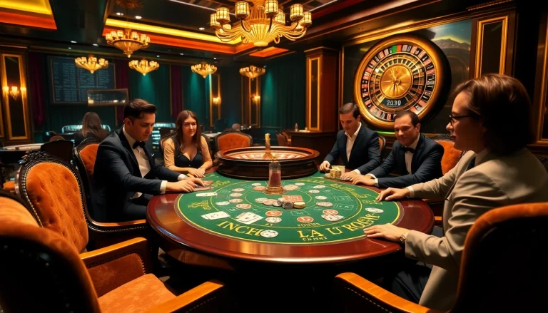 KJC.Marketing presents a luxurious casino scene with elegant gamblers at a vibrant gaming table.