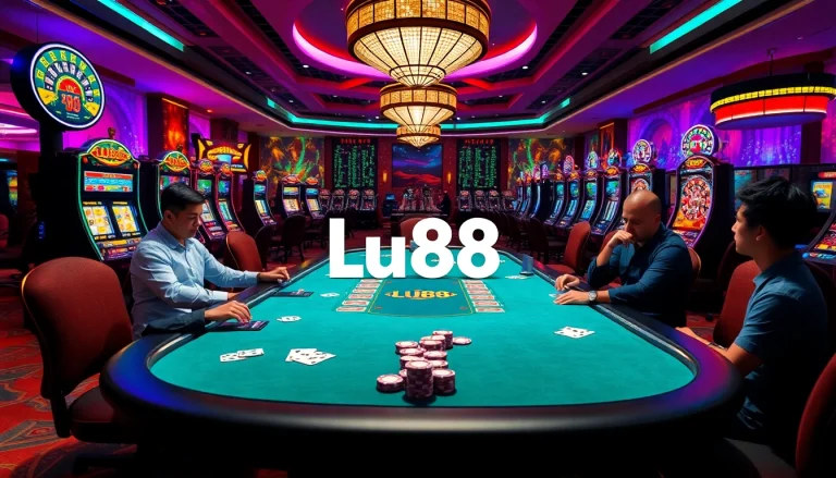 Experience the thrill of high-stakes gambling at Lu88 with vibrant casino tables and illuminated slot machines.