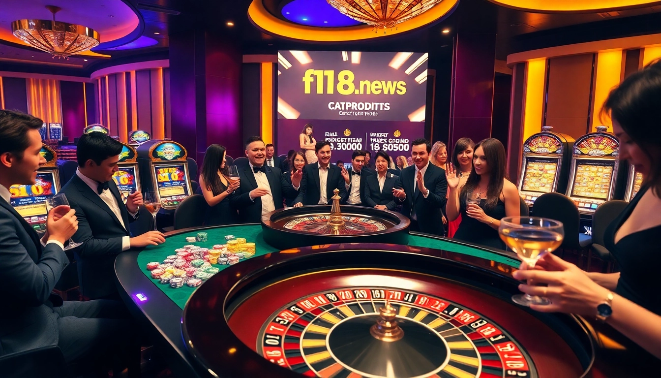Players enjoying high-stakes games at f168.news casino, surrounded by vibrant slots and roulette.