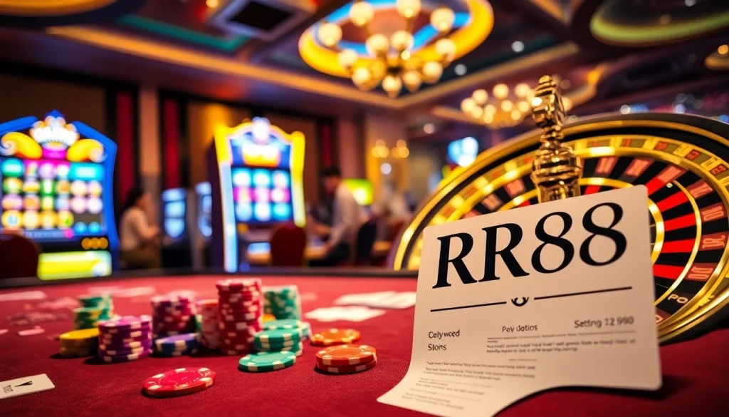 Experience dynamic gameplay at RR88's casino with poker chips and an elegant roulette wheel.