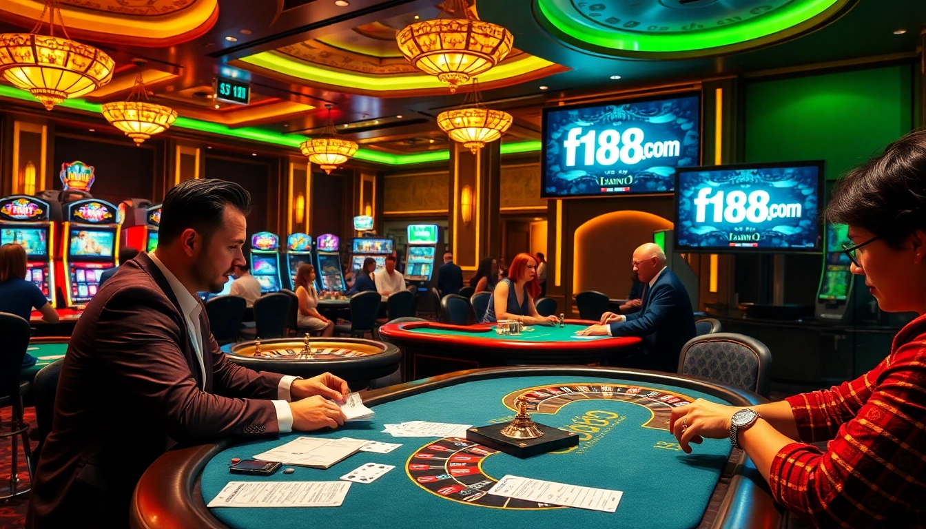 Players enjoying an exciting casino experience at f168.com with poker and roulette tables.