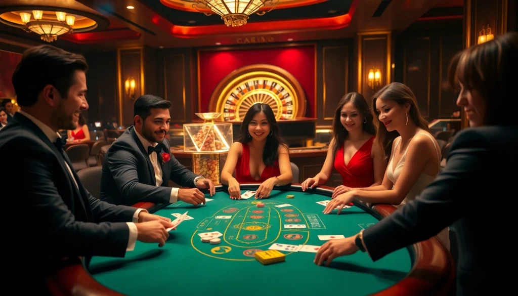 Players enjoy an exciting blackjack game at a luxury casino, featuring j88 elements like cards and chips.