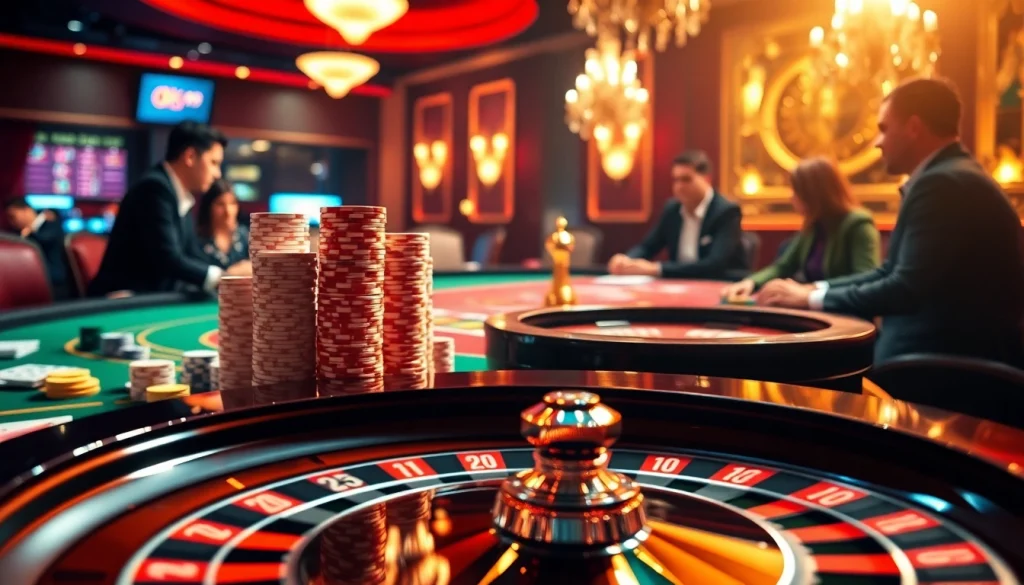 Experience the thrill of online gambling with Ok99, featuring poker chips, roulette, and casino excitement.