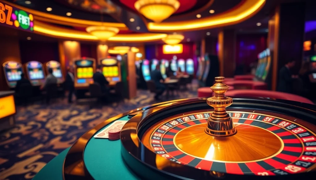 Experience a thrilling F8BET casino atmosphere with a roulette table and vibrant slot machines.