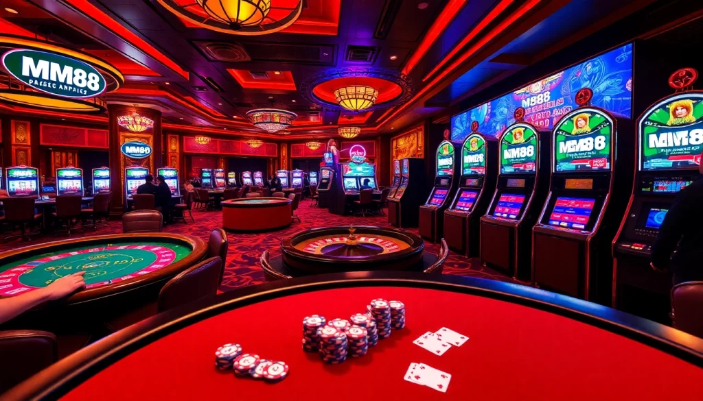 MM88 players strategizing at an upscale casino table with colorful gaming equipment.