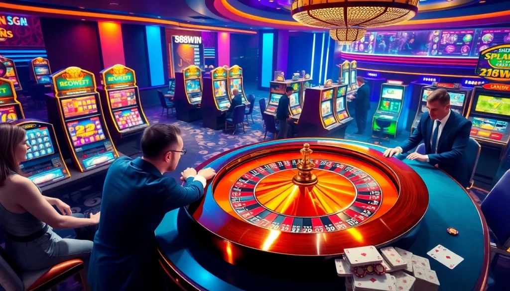 Players enjoy a lively game at 98win01's luxurious casino, featuring roulette and slot machines.