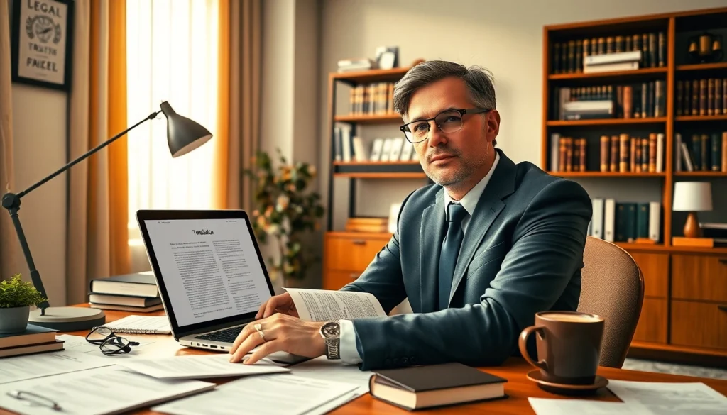 Sworn translator working diligently in a modern office, surrounded by legal documents and translation tools.
