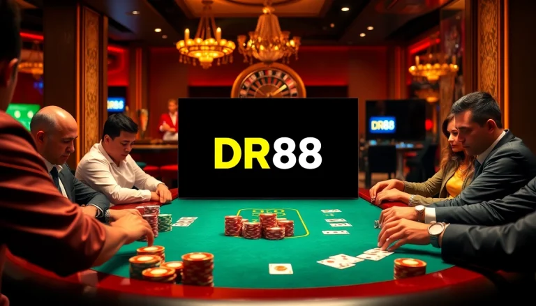 Engaged players strategizing at a luxurious DR88 casino table with colorful chips and cards.