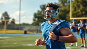 Football player demonstrating shoulder braces for football during practice, highlighting support and motion.