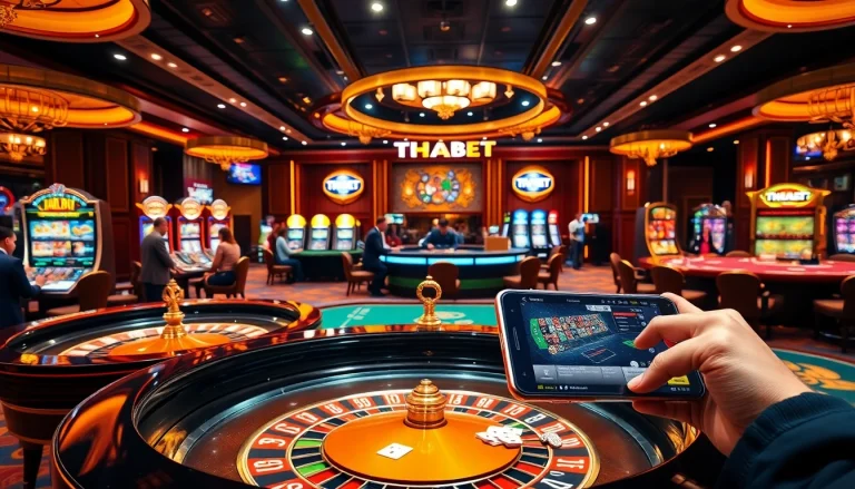 THABET casino scene featuring players at roulette and poker tables with vibrant lighting and excitement.
