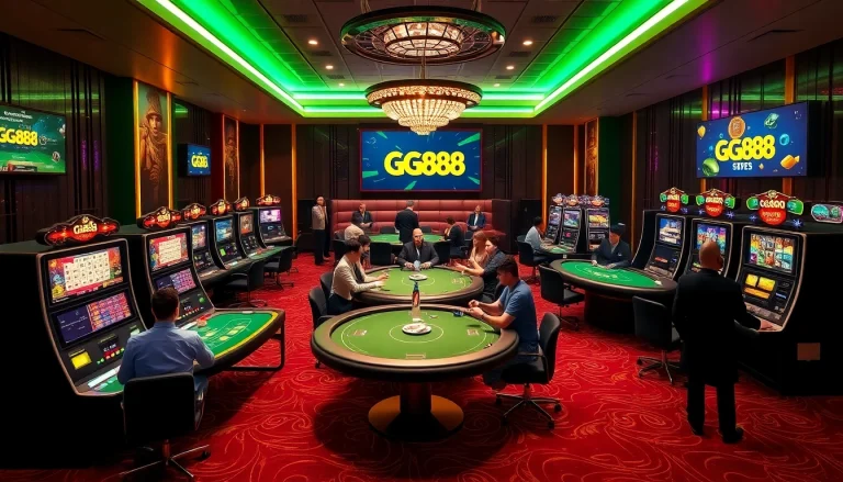 GG88 online gaming scene showcasing luxury casino tables and vibrant slot machines.
