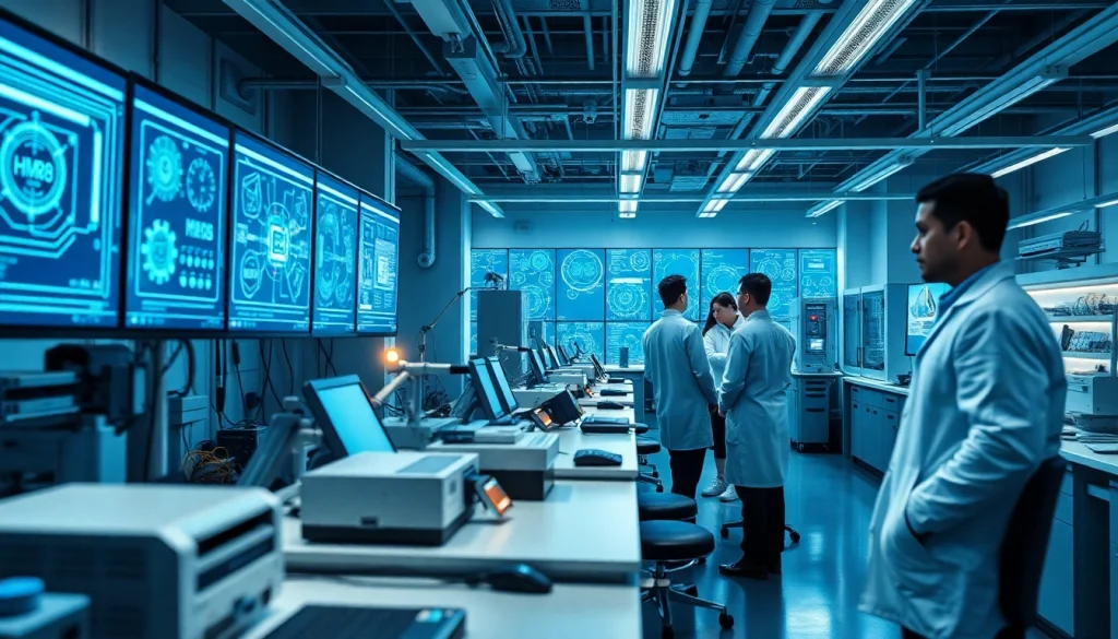 Engineers collaborating in a high-tech lab featuring hm88 technology.