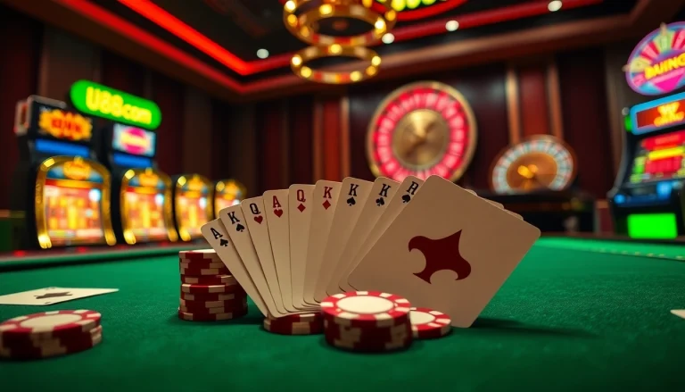 Experience the thrill of U888 com with vibrant casino visuals featuring poker chips and slot machines.