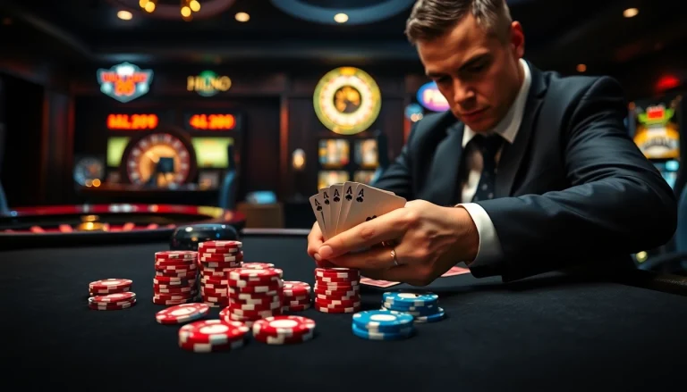 Experience high-stakes poker at HM88's luxurious casino table with colorful chips and intense gameplay.