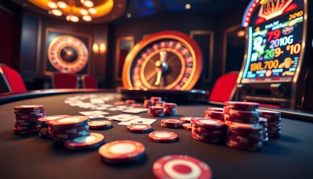 Players place bets at a luxurious poker table at https://9bet.com.de/, surrounded by vibrant casino games.