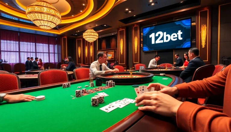 Experience the thrill of 12bet with vibrant poker chips and cards on a luxurious casino table.