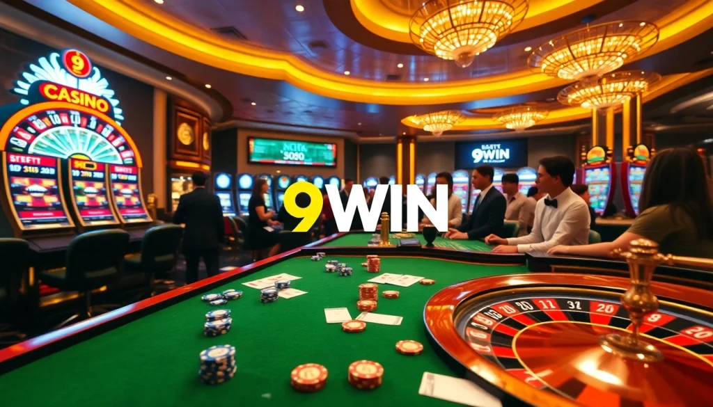 Players engage in exciting games at 9WIN's vibrant casino, featuring slot machines and roulette.