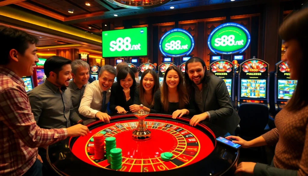 Players celebrating wins at s88s.net casino, featuring roulette and vibrant poker chips.