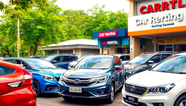 Car rental in Kuching Sarawak with diverse vehicles outside a rental agency.