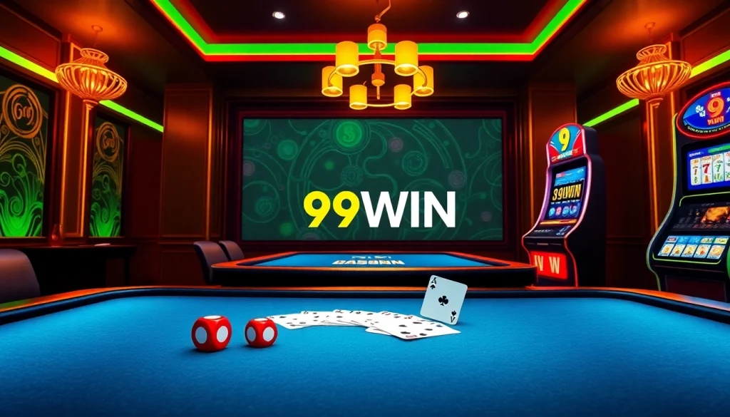 Experience the excitement of Nhà cái 99WIN in a luxurious virtual casino atmosphere filled with gaming tables and slot machines.