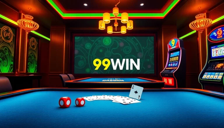 Experience the excitement of Nhà cái 99WIN in a luxurious virtual casino atmosphere filled with gaming tables and slot machines.